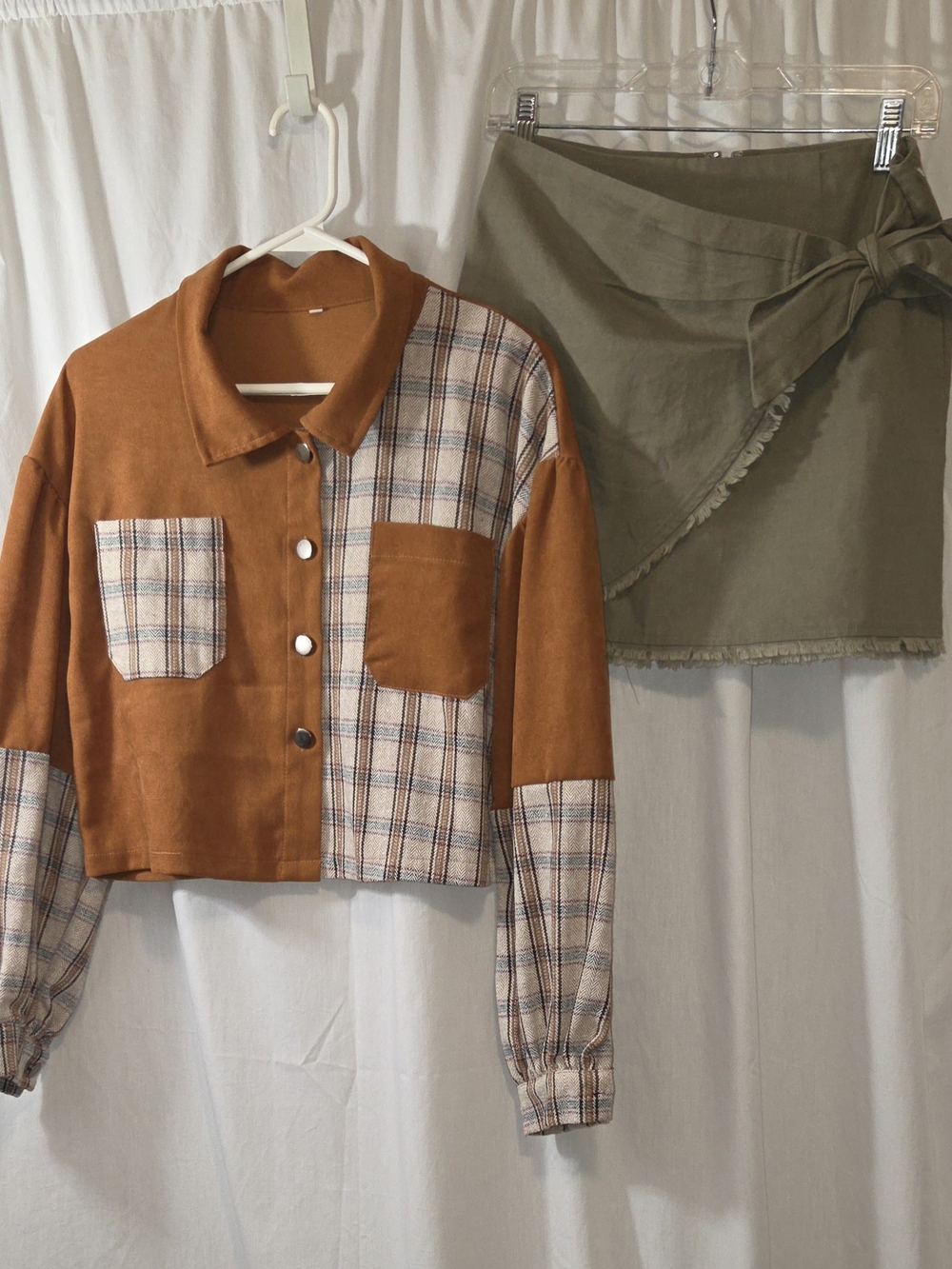 2 Piece Set Plaid Cropped Jacket Olive Wrap Skirt